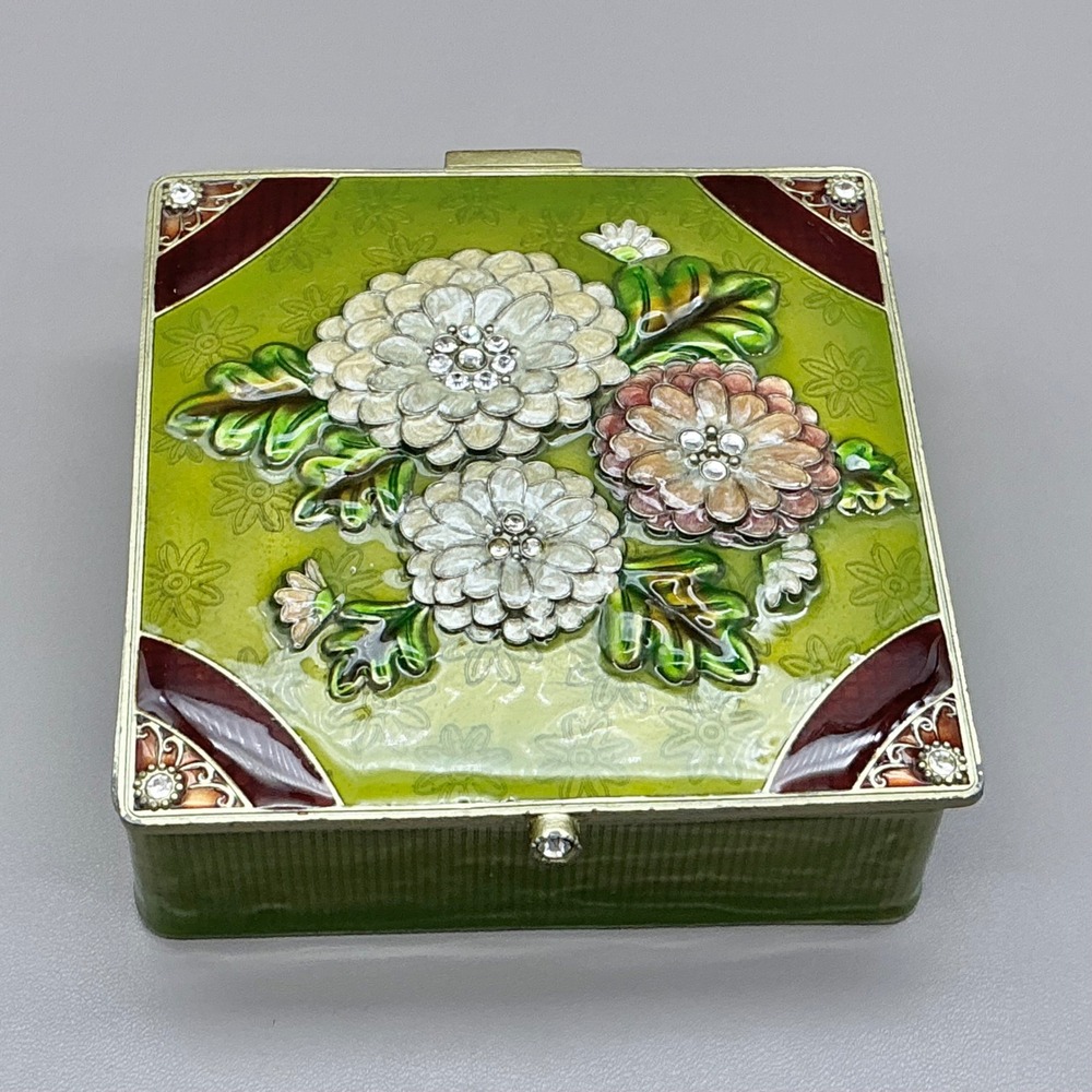 Floral Jewelry Trinket Box Green Enamel Rhinestone Gold Tone Velvet Lined 4"